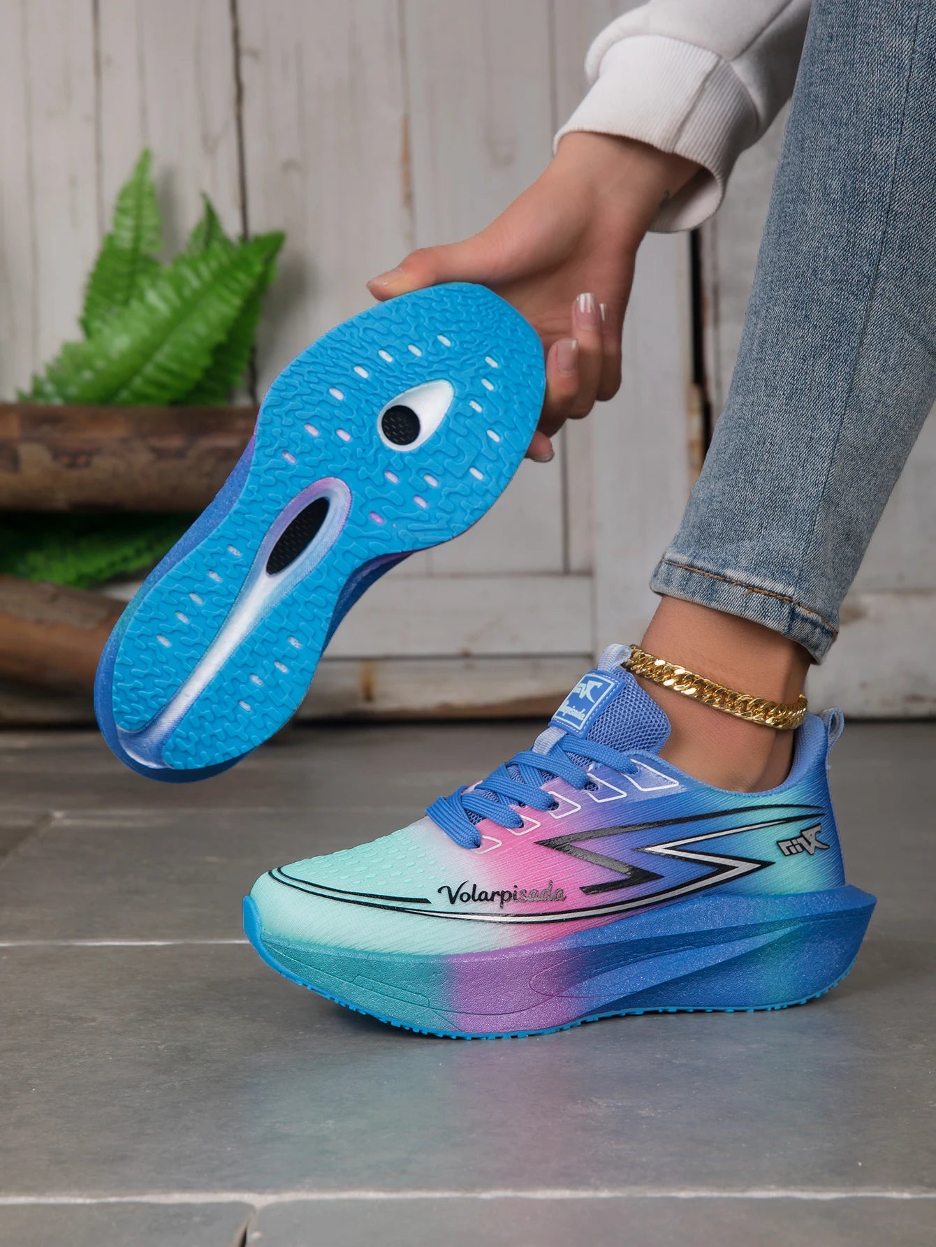 Women Gradient Lightning Print Running Sneakers Breathable Flying Weave Mesh Light Cushion Non Slip Shock Absorb Athletic Gym Jogging Sport Shoes