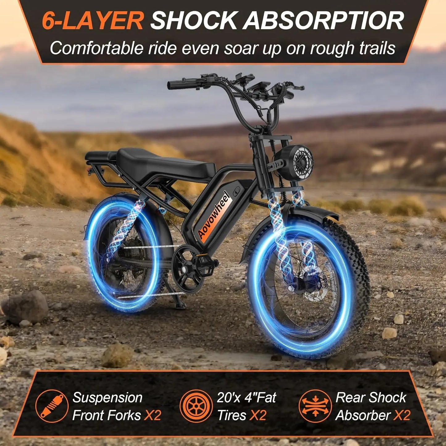 AW2PROElectric Bike 1500W 20" Fat Tire 31mph Top Speed 70 Miles Range for Road Sand Mountain Snow Electric Motorcycle