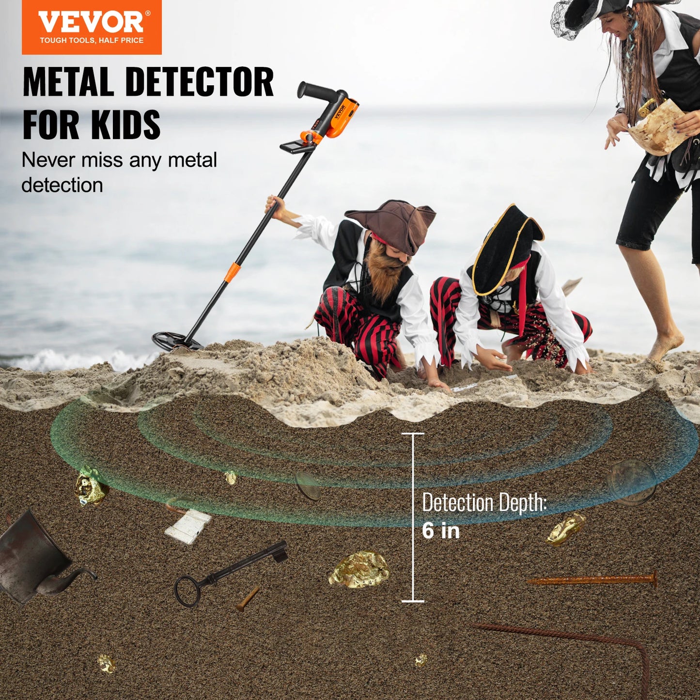Metal Detector for Kids 6Inch 25''-37''Adjustable Length IP68 Waterproof Search Coil with LCD for Detecting Gold