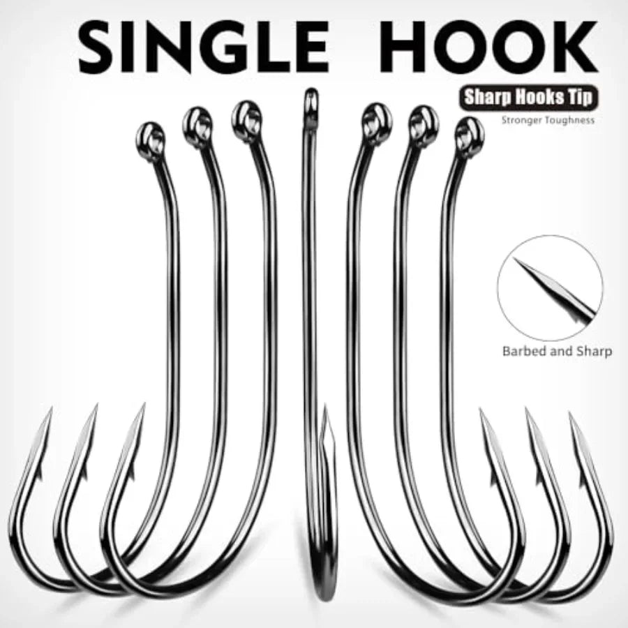 Bass fishing in freshwater and saltwater: EWG hook Texas rig, stainless steel, black, 100pcs with tackle box