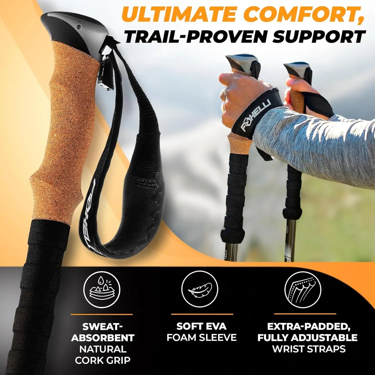 Carbon Fiber Trekking Poles – Lightweight Collapsible Hiking Poles with Cork Grips, Quick Flip Locks