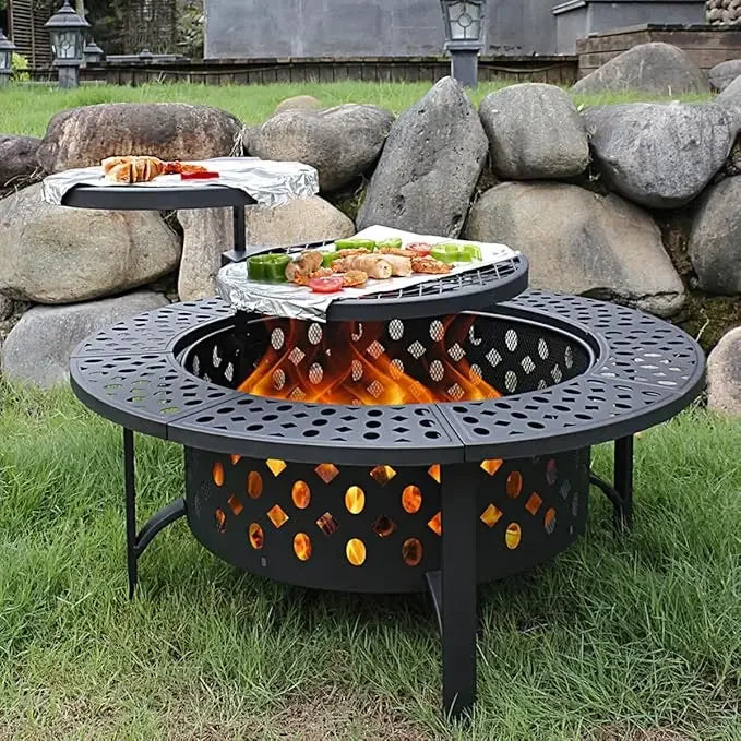 Fire Pit with 2 Grills, Wood Burning Fire Pits for Outside with Lid, Poker and Round Waterproof Cover, BBQ& Outdoor Fire