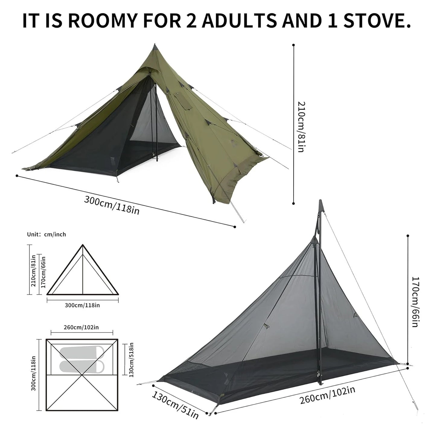 Camping Tent with Chimney Window 2-4 Person Outdoor Ultralight Tipi Teepee Tent Pyramid Double Layer Flame-retardant