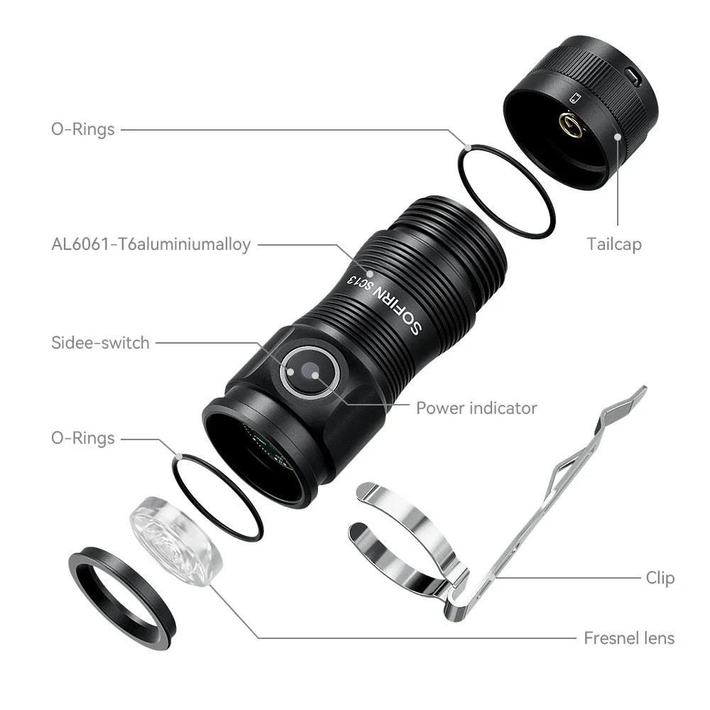 Mini SC13 SST40 LED 1300lm Tactical 18350 Rechargeable Flashlight 6000K Keychain Light with Magnetic