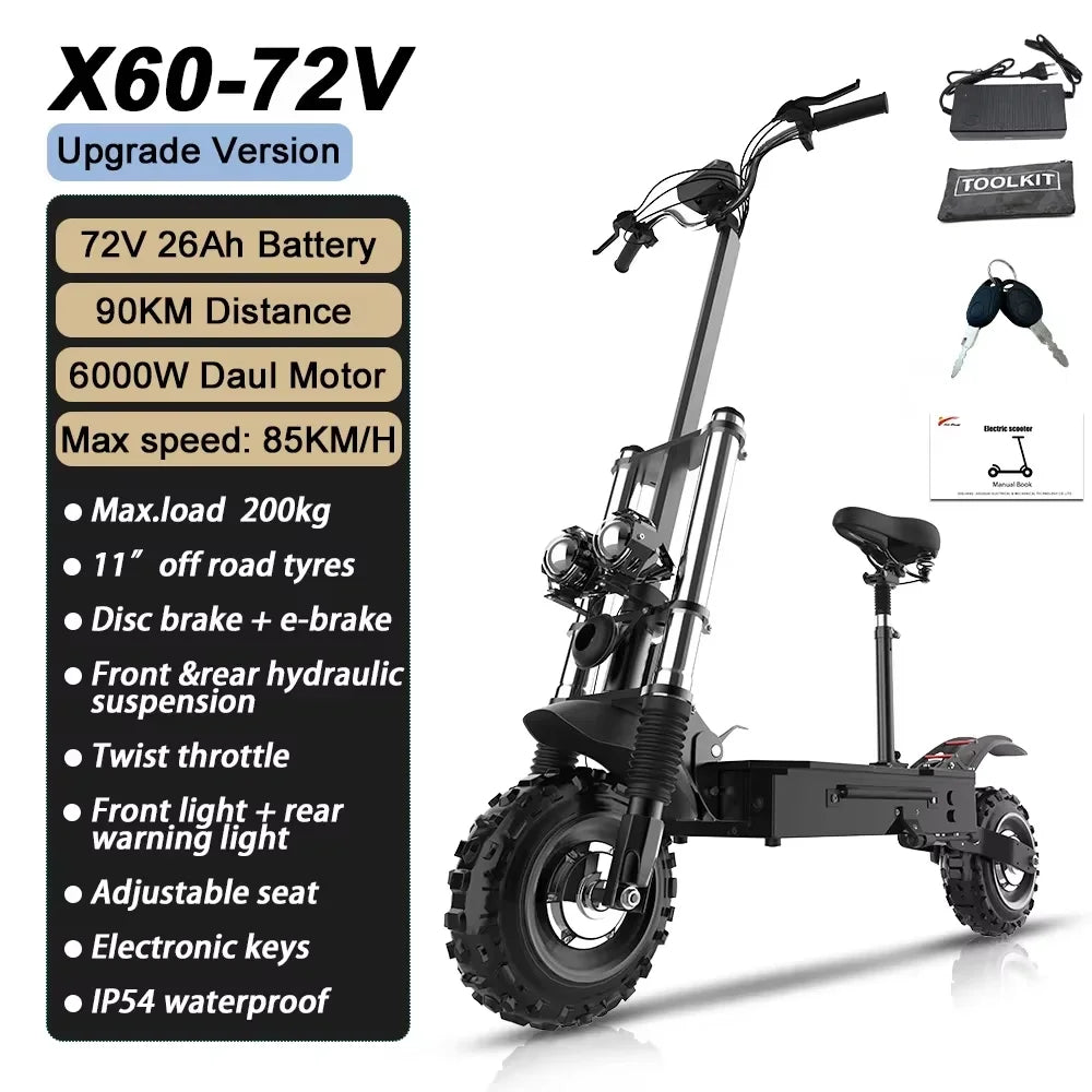 60-85KM/H Fast Electric Scooter for Adults, 1200W-6000W High Power E Scooter Single/Dual Motor, 48V 52V 60V 72V Long Range 40-100KM, 10Ah-30Ah Battery, 11 Inch Off Road Fat Tire All Terrain Electric Scooter with Dual Suspensi