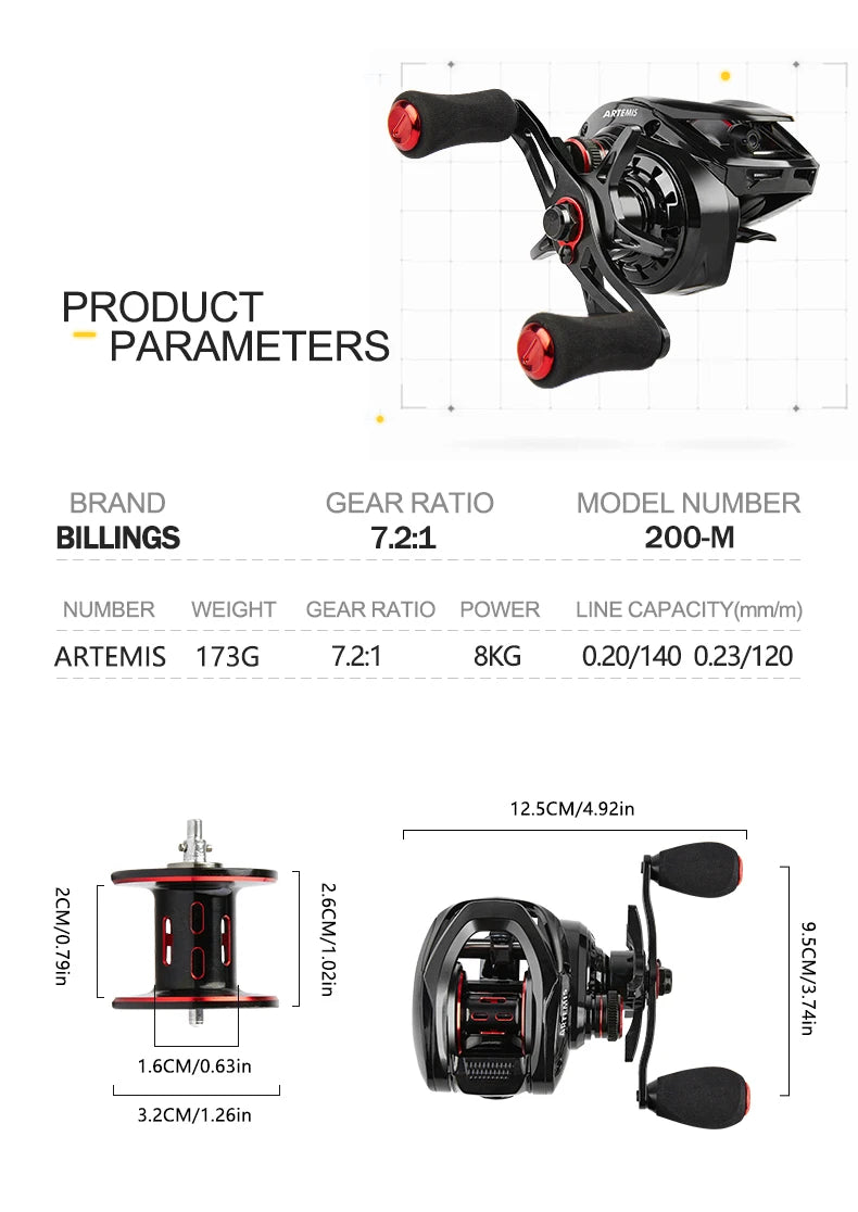 Baitcasting Reel 7.2:1 High Speed Gear Ratio CNC Spool 8KG Max Drag Magnetic Brake System Baitcaster Fishing Reels for Freshwater Saltwater Multiple Fish Species