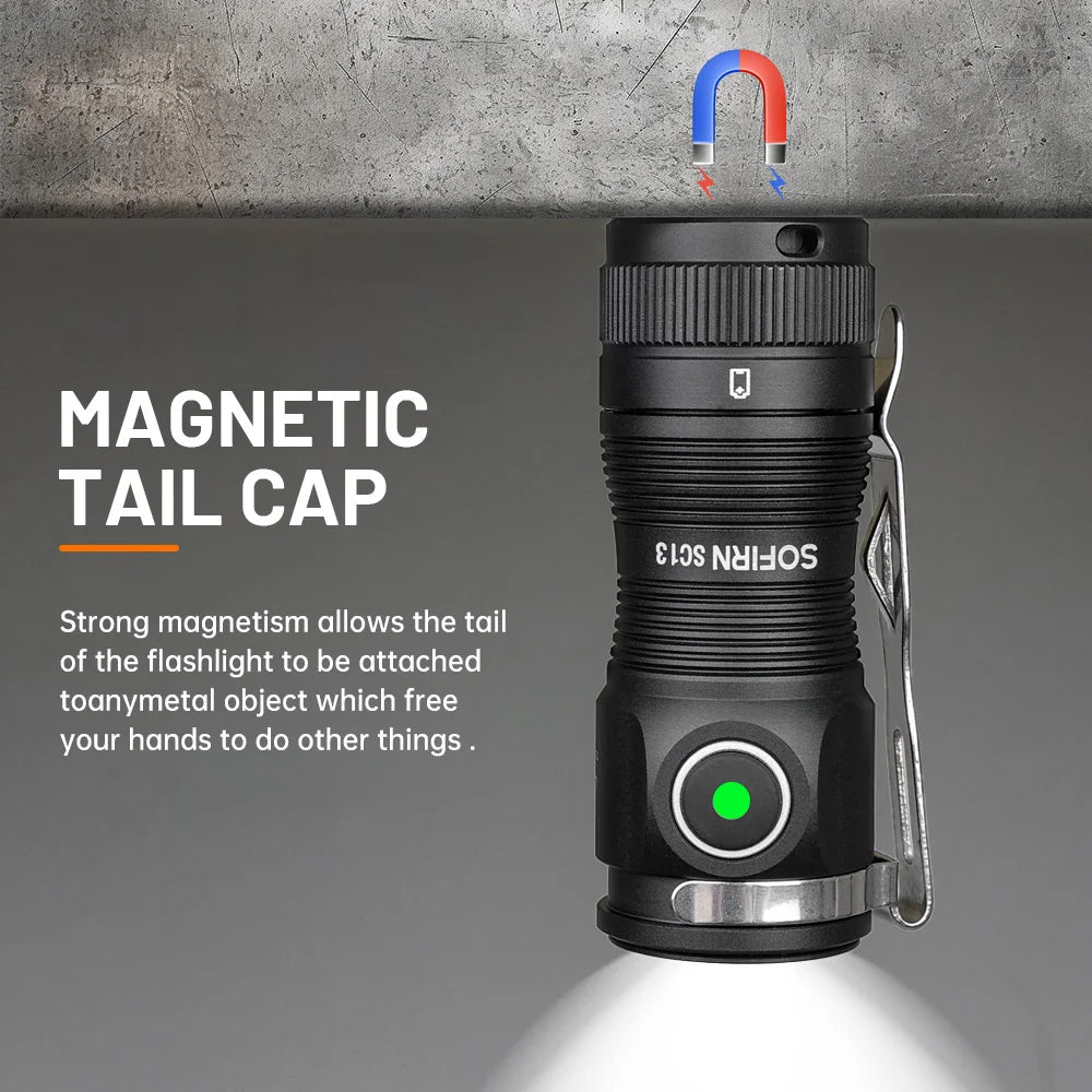 Mini SC13 SST40 LED 1300lm Tactical 18350 Rechargeable Flashlight 6000K Keychain Light with Magnetic