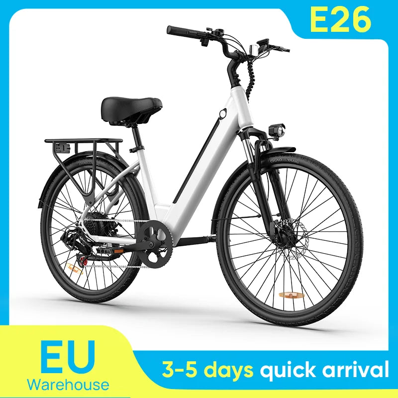 750W E26 Electric Bike 26x2" Commuter Tires 48V 10.4Ah Removable Battery 20MPH Speed 7-Speeds LCD Display