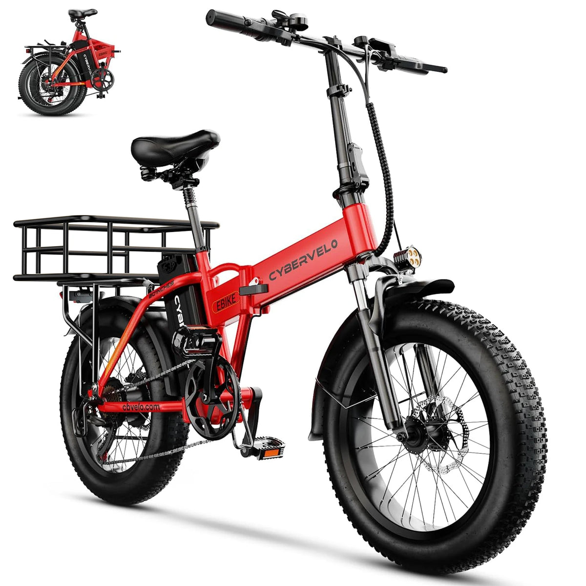 Cybervelo 20” Fat Tire Removable Battery E-Bike 1000W Peak 48V20.8ah 7-Speed Shift Electric Bike 28+MPH 80Miles Long Range EK4