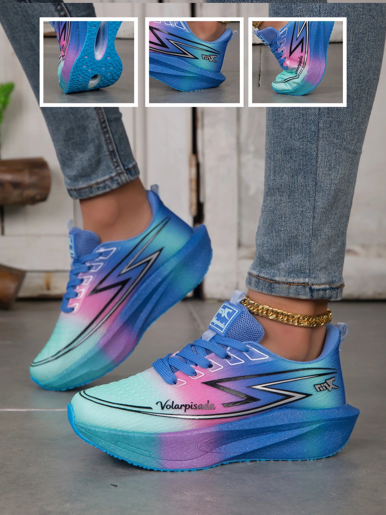 Women Gradient Lightning Print Running Sneakers Breathable Flying Weave Mesh Light Cushion Non Slip Shock Absorb Athletic Gym Jogging Sport Shoes