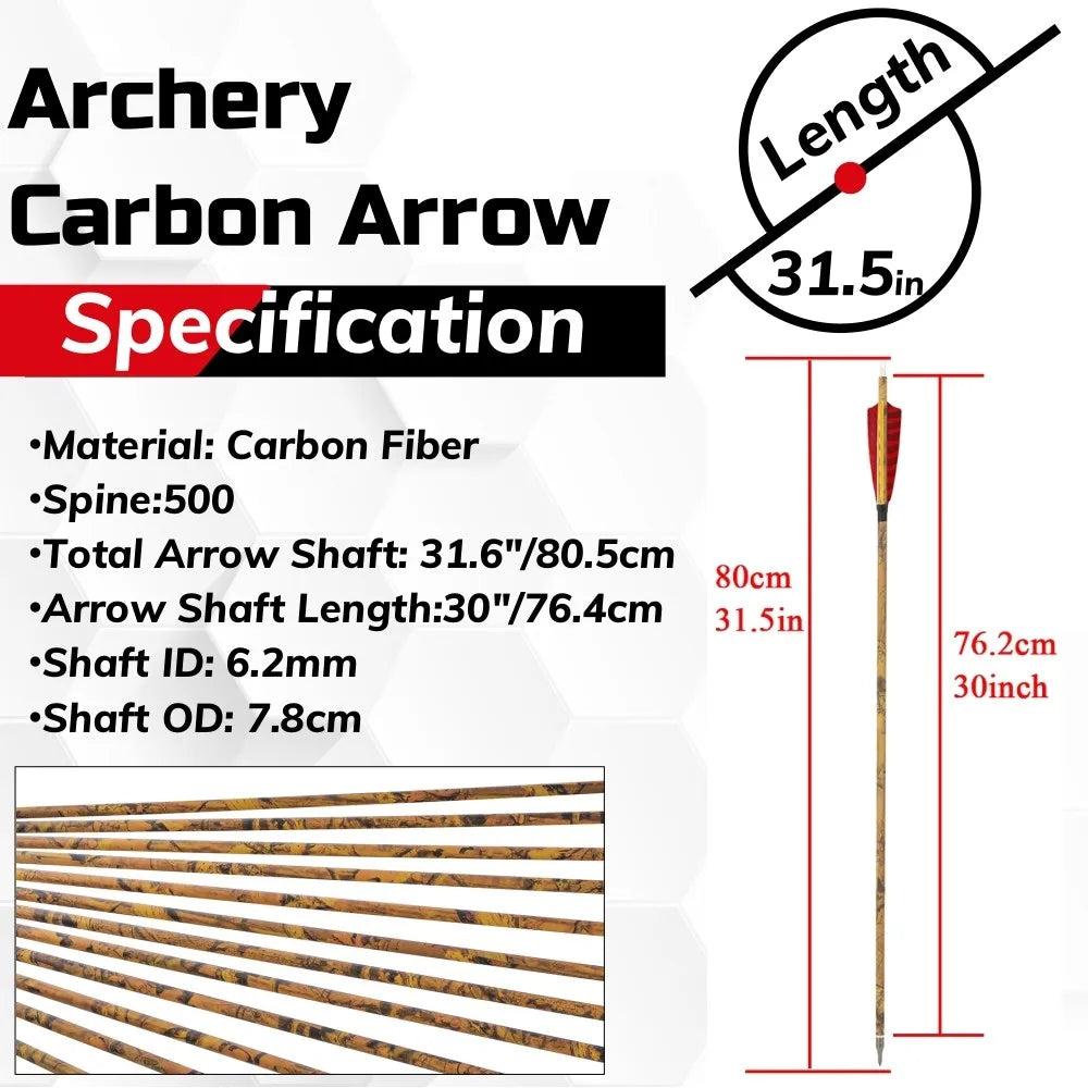 Mixed Carbon Arrows 30 Inch Spine 500 with Turkey Feathers for Compound Recurve Traditional Bow Target Shooting Practice