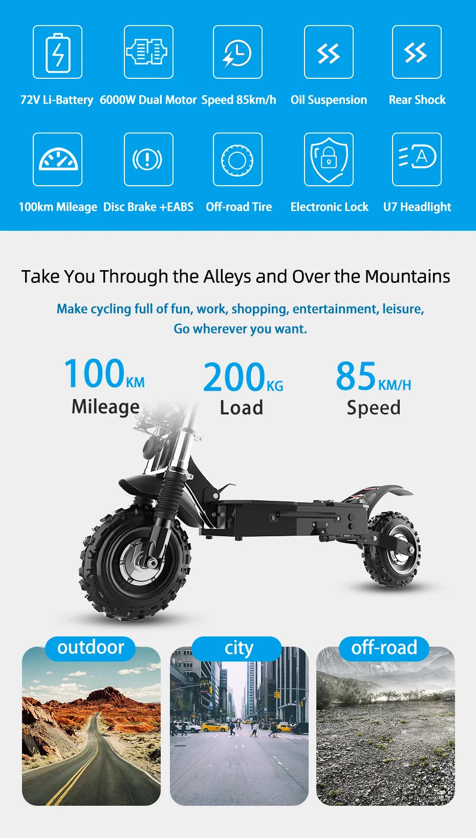 60-85KM/H Fast Electric Scooter for Adults, 1200W-6000W High Power E Scooter Single/Dual Motor, 48V 52V 60V 72V Long Range 40-100KM, 10Ah-30Ah Battery, 11 Inch Off Road Fat Tire All Terrain Electric Scooter with Dual Suspensi