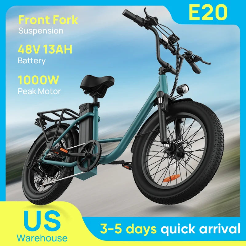 1000W E20 Electric Bike | 48V 13Ah Removable Battery, 28MPH, 20''X3" Fat Tire, 7-Speed E-Bike with Dual Disc Brake