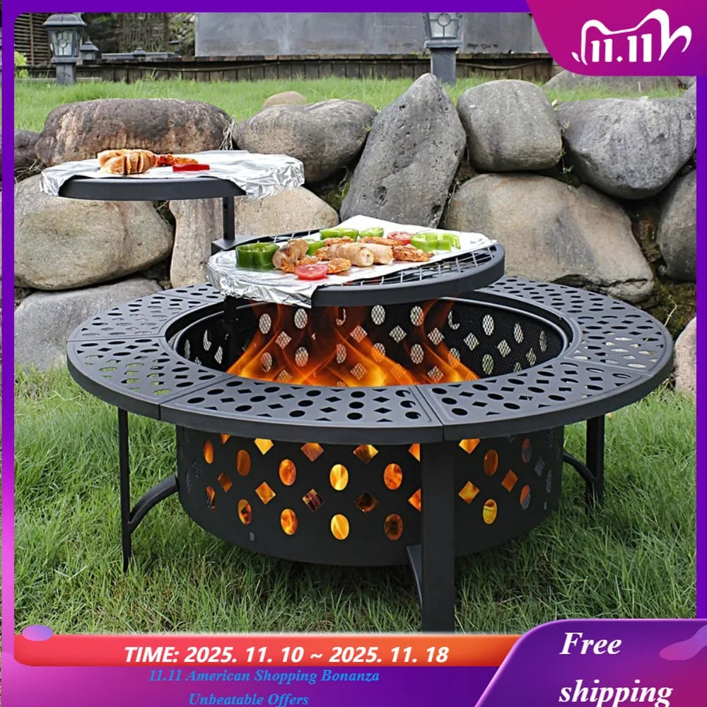 Fire Pit with 2 Grills, Wood Burning Fire Pits for Outside with Lid, Poker and Round Waterproof Cover, BBQ& Outdoor Fire