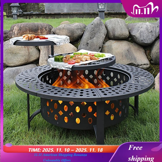 Fire Pit with 2 Grills, Wood Burning Fire Pits for Outside with Lid, Poker and Round Waterproof Cover, BBQ& Outdoor Fire