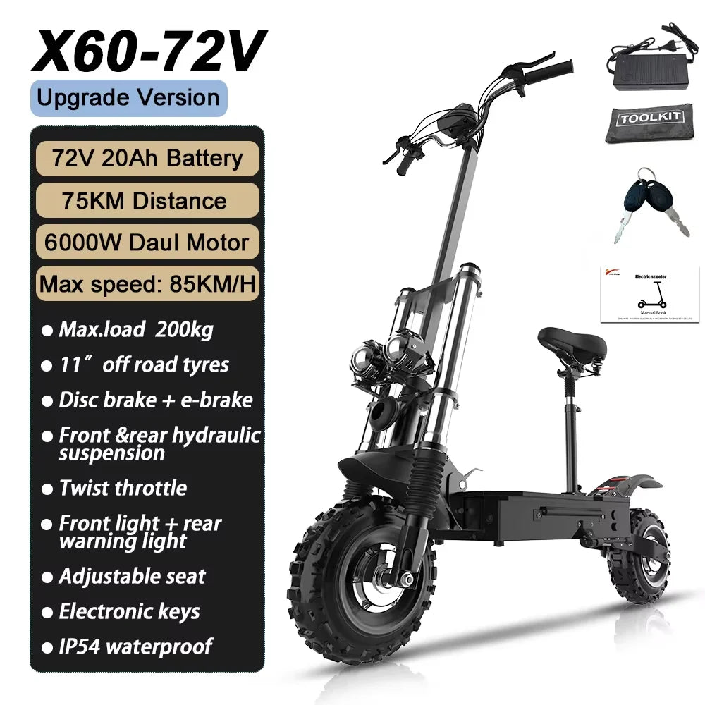 60-85KM/H Fast Electric Scooter for Adults, 1200W-6000W High Power E Scooter Single/Dual Motor, 48V 52V 60V 72V Long Range 40-100KM, 10Ah-30Ah Battery, 11 Inch Off Road Fat Tire All Terrain Electric Scooter with Dual Suspensi