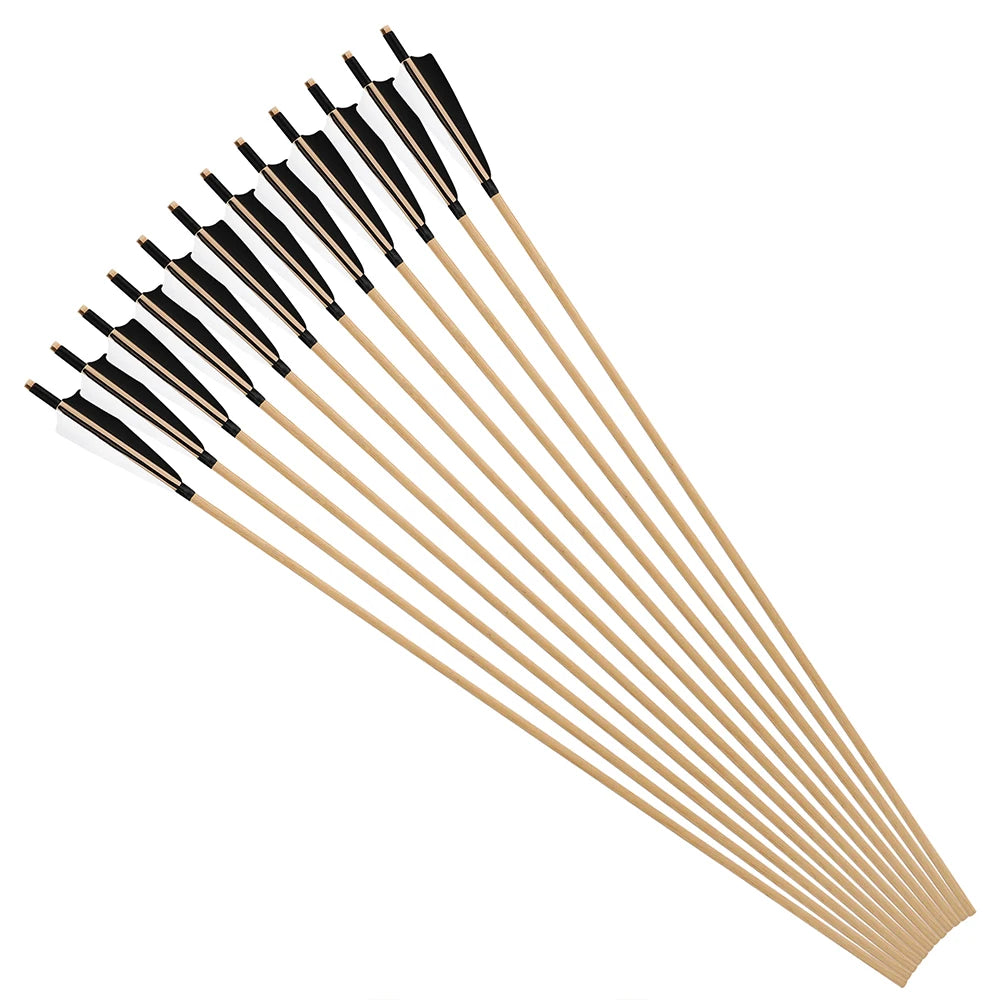 Hunting Arrows 12pcs 31.5inch Handmade Wooden Shaft with 5inch Natural Feathers for Outdoor Shooting Sports