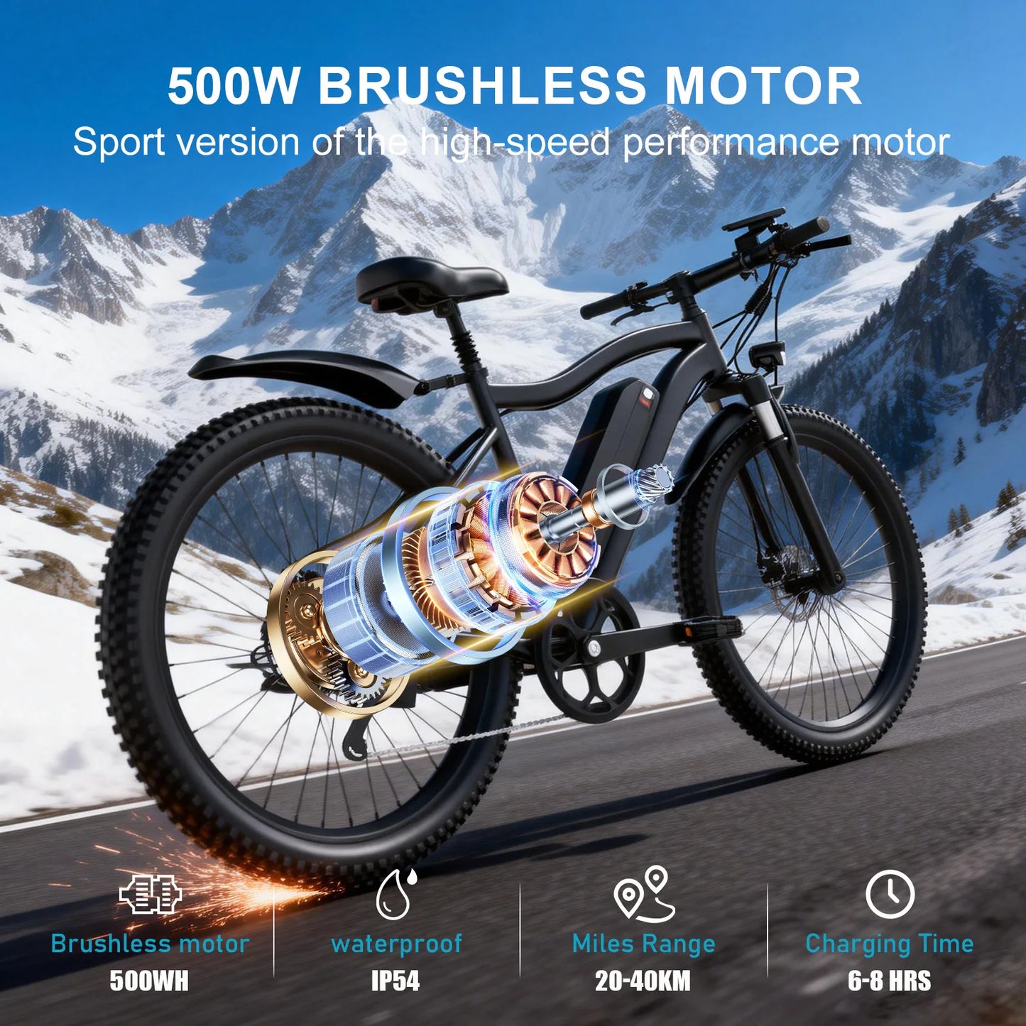Electric Bicycle for Adult 26" Mountain ebike with 48V 13Ah Removable Battery 500W Motor