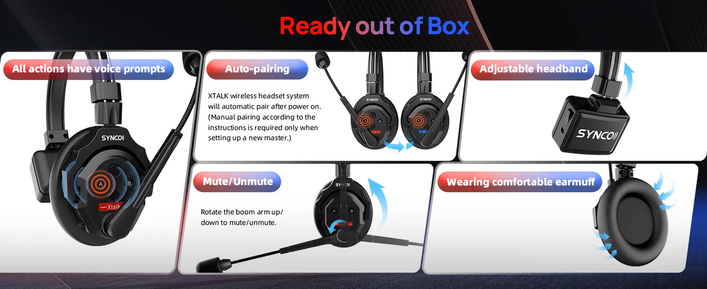 XTALK X2 X5 2.4G Wireless Intercom Headset System 2-Person 350M 1148FT 24H Working Time Noise Reduction for Video Shooting