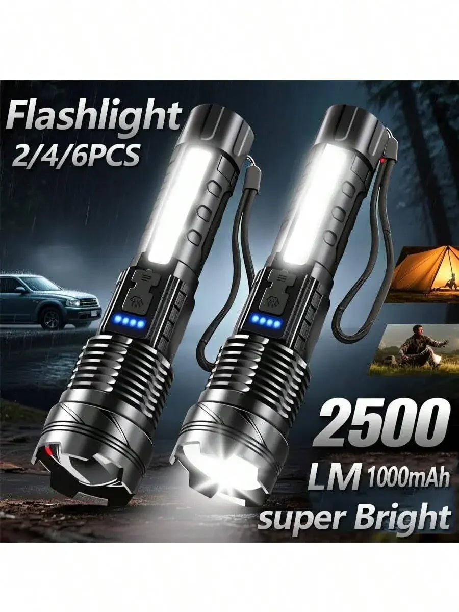 2PCS Tactical Flashlight 2500 Lumens - USB C Rechargeable, 7 Modes Super Bright LED Flashlight For Camping, Hiking