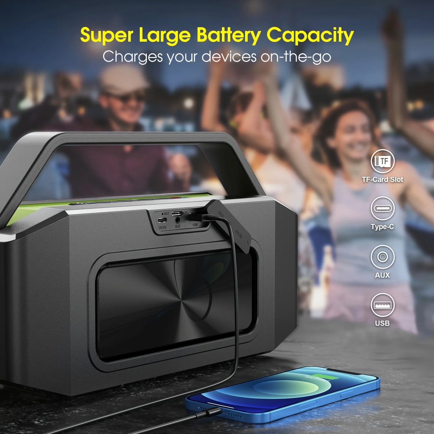 D9-1 Green Bluetooth Speaker, 100W Peak 60W HD IPX6 Portable Speaker Wireless Loud Waterproof Outdoor Party Large Boombox 2 Subwoofer/Ex-Large Passive Radiator-All Round Deep Bass/40H/PowerBank/TF/AUX/EQ
