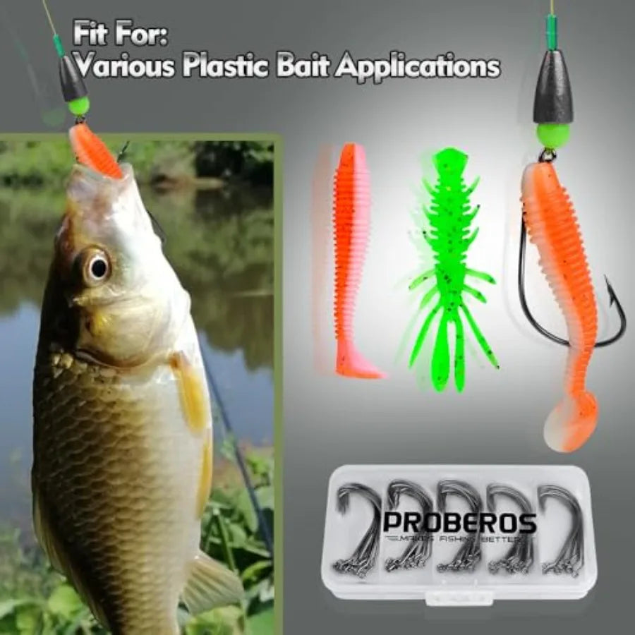 Bass fishing in freshwater and saltwater: EWG hook Texas rig, stainless steel, black, 100pcs with tackle box