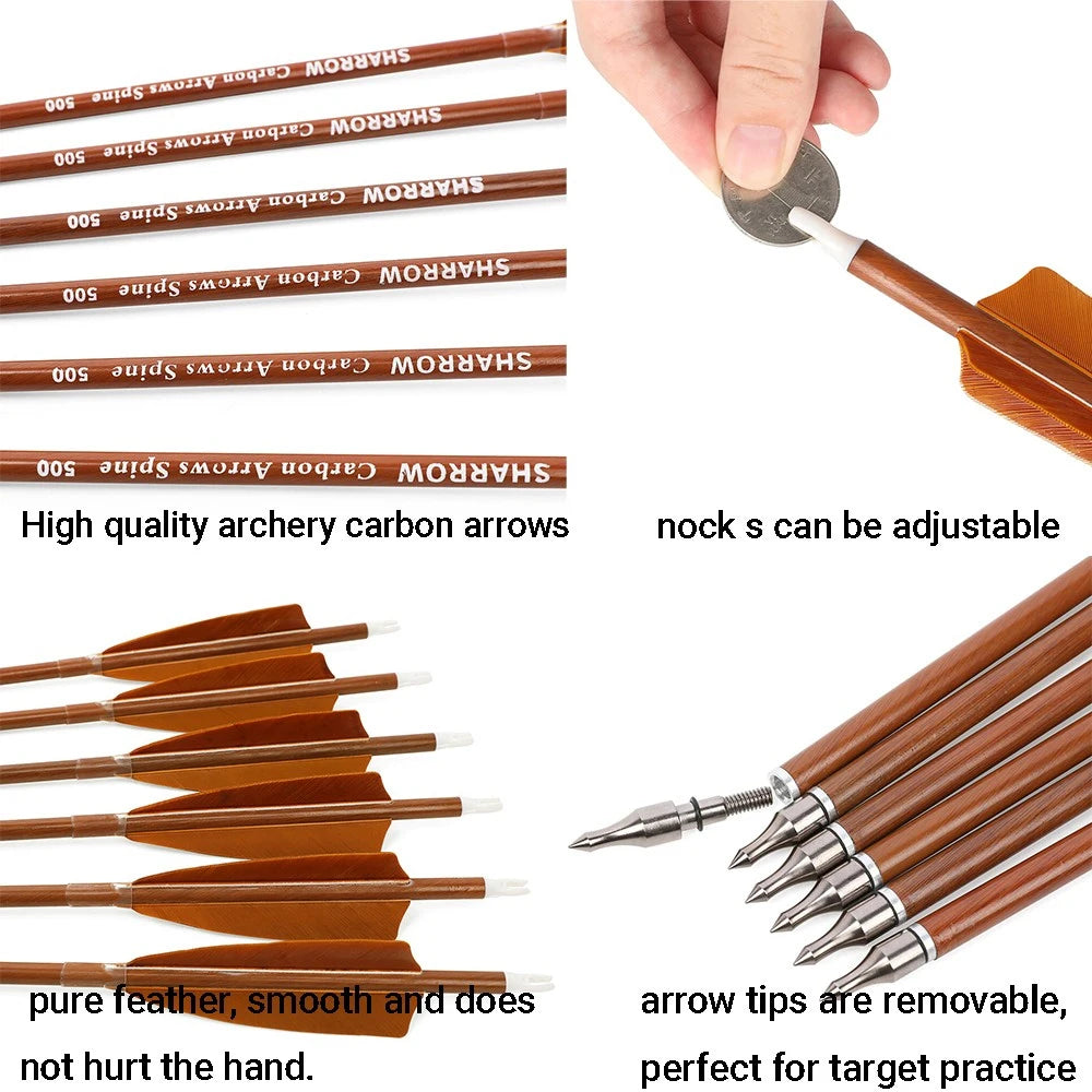 12pcs Mixed Carbon Arrows Spine 500 31.5 Inch Archery ID6.2mm Shaft Turkey Feather for Recurve Bow Target Hunting Shooting Acc