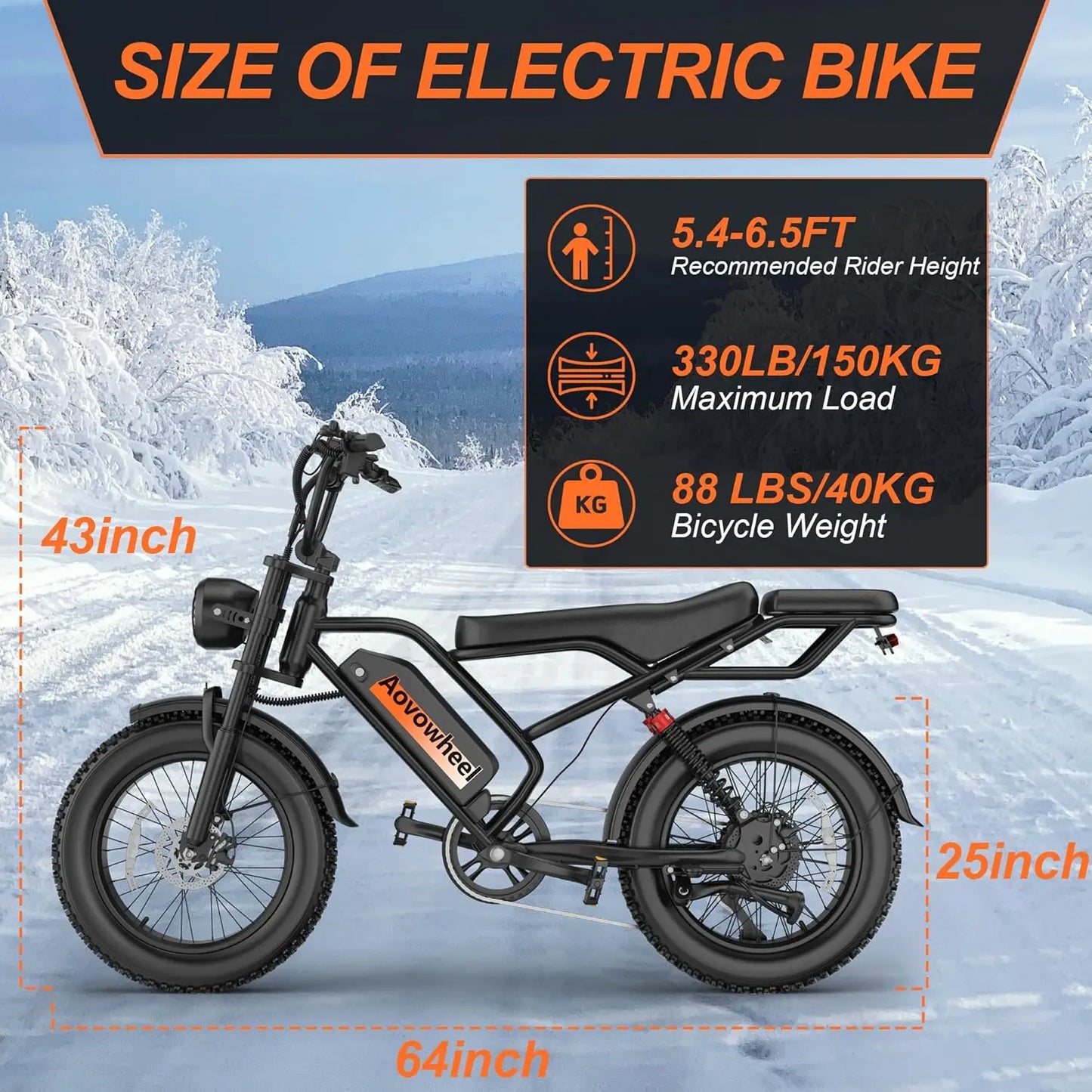 AW2PROElectric Bike 1500W 20" Fat Tire 31mph Top Speed 70 Miles Range for Road Sand Mountain Snow Electric Motorcycle