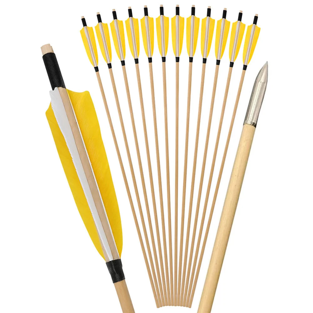 Hunting Arrows 12pcs 31.5inch Handmade Wooden Shaft with 5inch Natural Feathers for Outdoor Shooting Sports