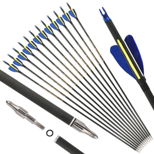Carbon Arrows 32 Inch Spine 500/600 Pure Carbon Shaft with 2 Inch Feathers for Outdoor Hunting Shooting Compound Recurve Bow