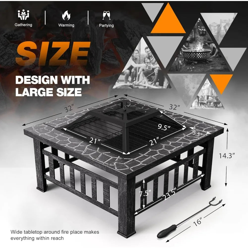 Outdoor Fire Pit, 32 Inch Firepit Table Metal Outdoor Fireplaces with Waterproof Cover for Outside Patio Camping (Silver)