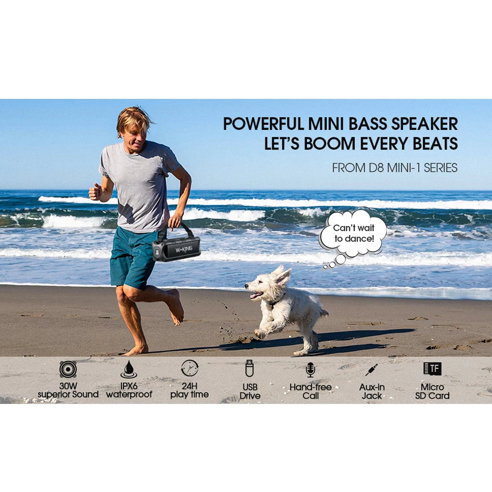 D8mini-1 Bluetooth Speaker, 30W Portable Wireless Loud Speakers, IPX6 Waterproof Outdoor Speaker, 24H Playtime, EQ, AUX, TF Card