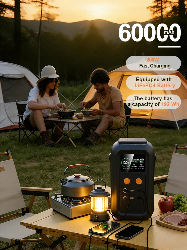 200W Power Station Camping 192Wh Lifepo4 Power Bank 60000mAh Portable Charger Battery Emergency Power USB TYPE-C Port