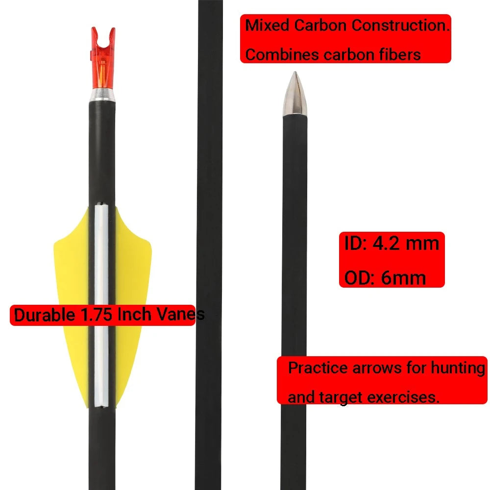 Mixed Carbon Arrows 12pcs Arrows SP1000 ID4.2mm Shaft 1.75" Rubber Vanes for Adults Bow Hunting Shooting Target Accessories