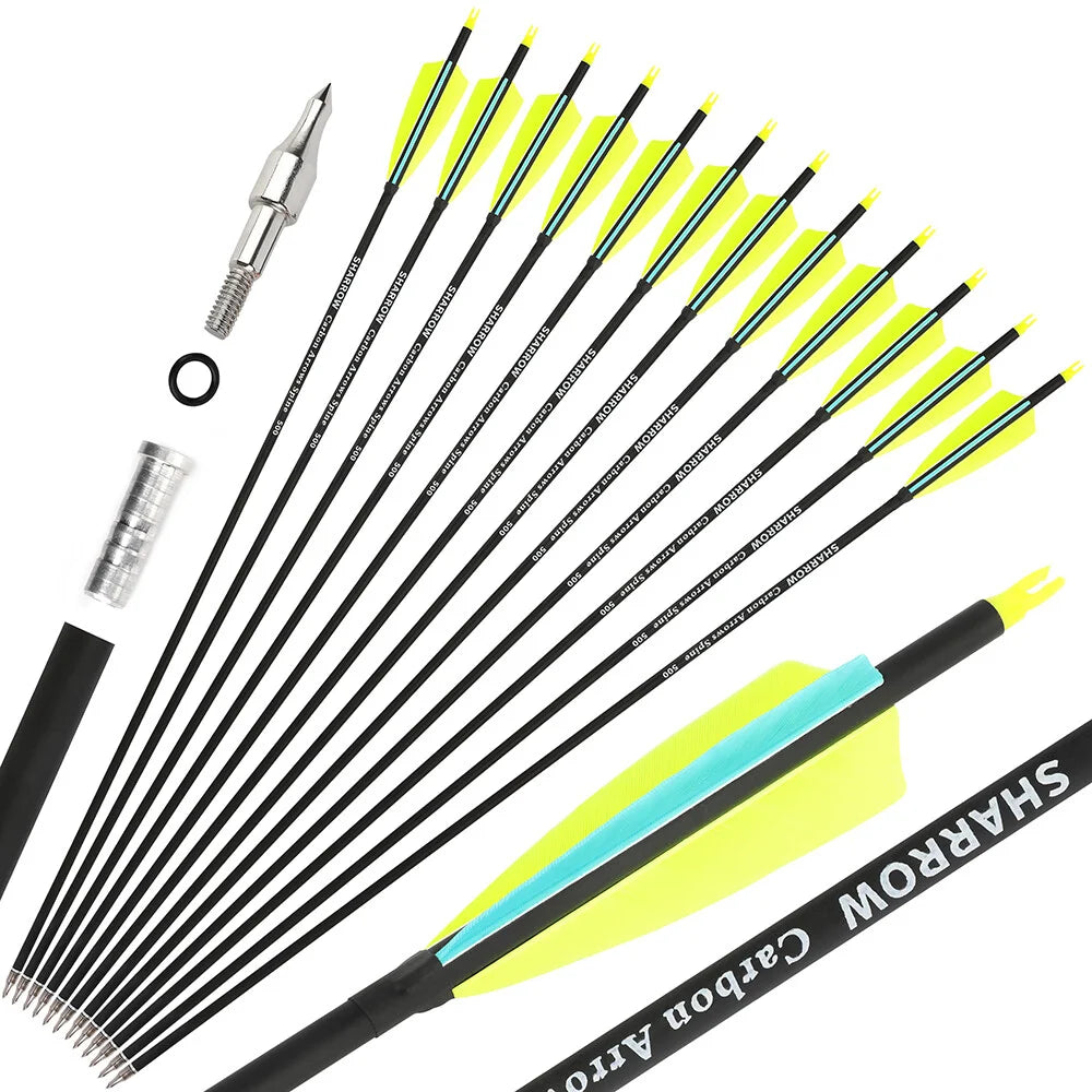 Archery Arrows 12pcs 30 Inch Spine 500 Mixed Carbon with 4" Turkey Feathers 100 Grain Tips for Hunting Target Shooting Practice