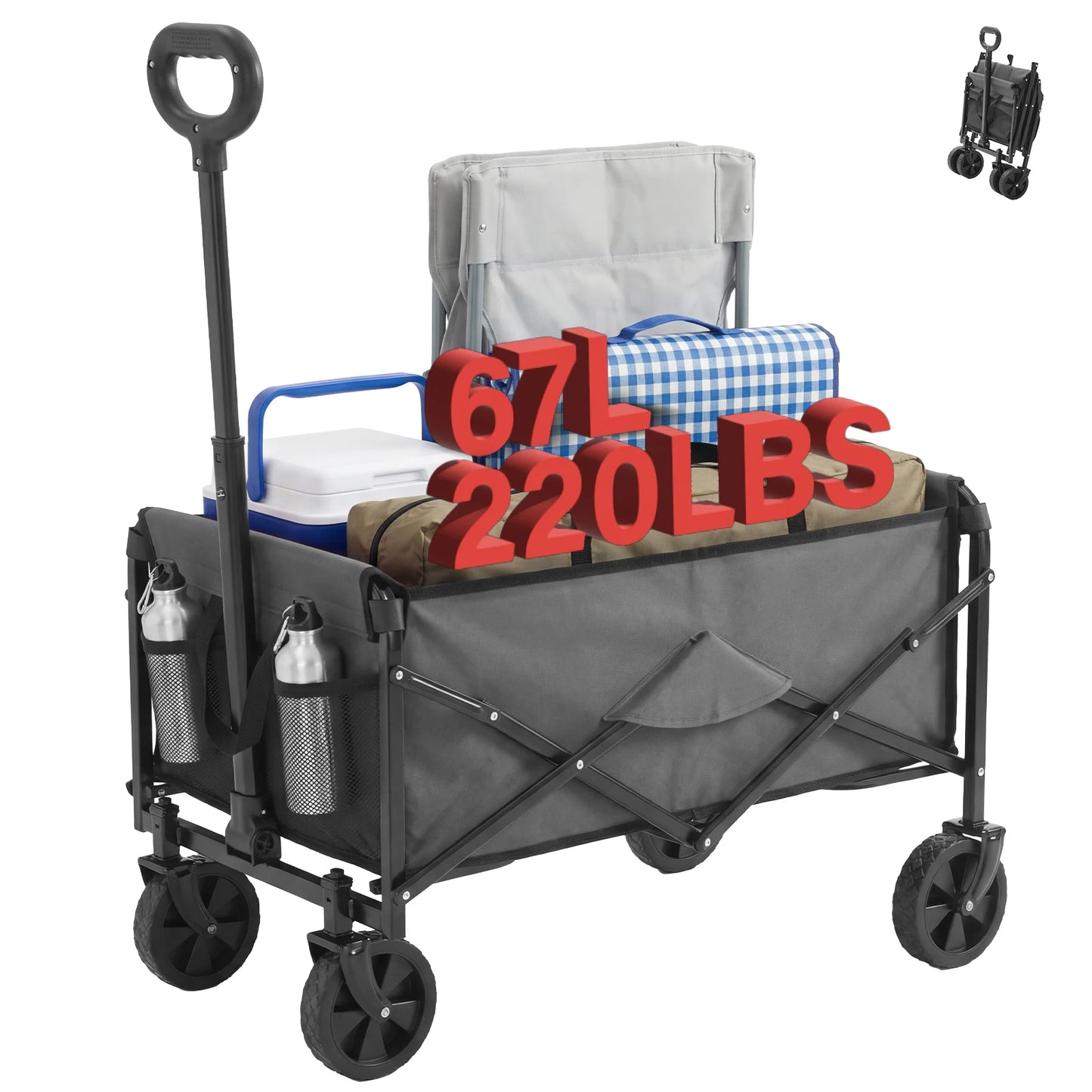 67L Heavy Duty Collapsible Wagon Cart Utility Folding Wagon with Wheels 220 lbs Weight CapacityFlexible Handle for Beach