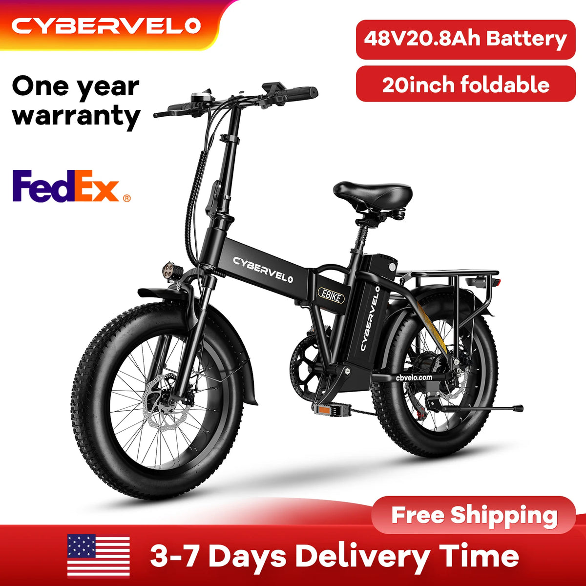 Cybervelo 20” Fat Tire Removable Battery E-Bike 1000W Peak 48V20.8ah 7-Speed Shift Electric Bike 28+MPH 80Miles Long Range EK4