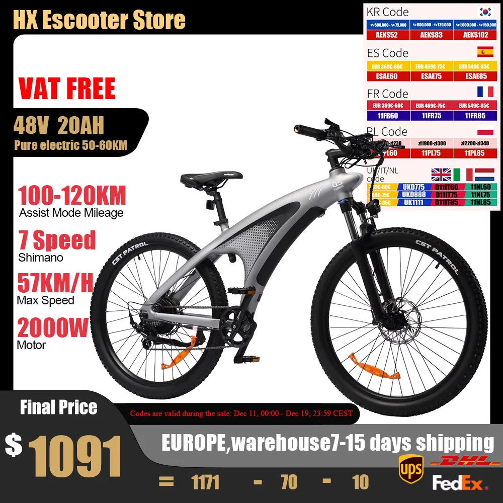 Q5 Ebike 2000W Torque Sensor Adults Electric Bike 85Nm 57KM/H Electric Bicycle 27.5“ Removable Battery Electric Mountain Bike
