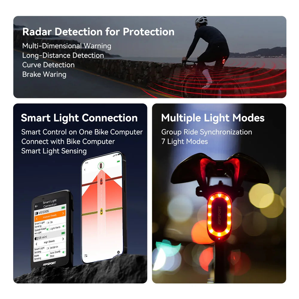 Radar Tail Light with Brake Alert IPX7 Waterproof Daytime Running Lamp for Road Cycling Bike Safety