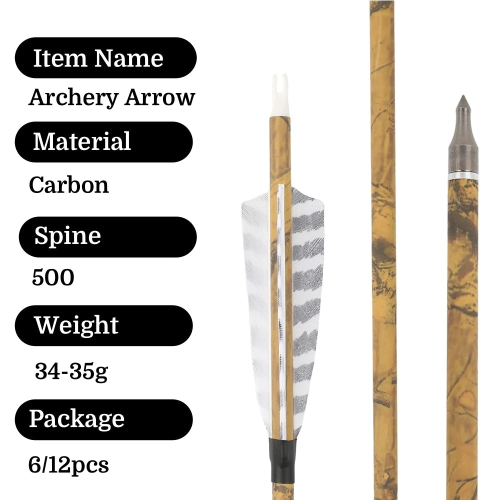 Mixed Carbon Arrows 30 Inch Spine 500 with Turkey Feathers for Compound Recurve Traditional Bow Target Shooting Practice
