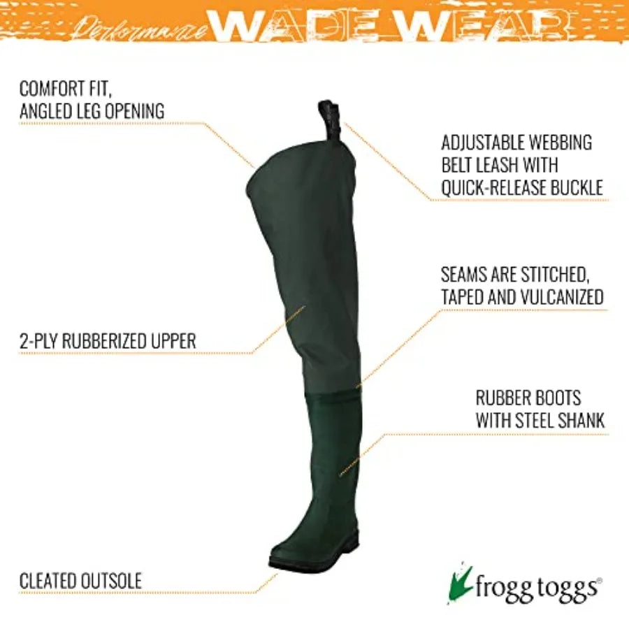 Fishing hip wader for outdoor use, poly/rubber waterproof 2-ply material, black, durable and flexible with reinforced seams