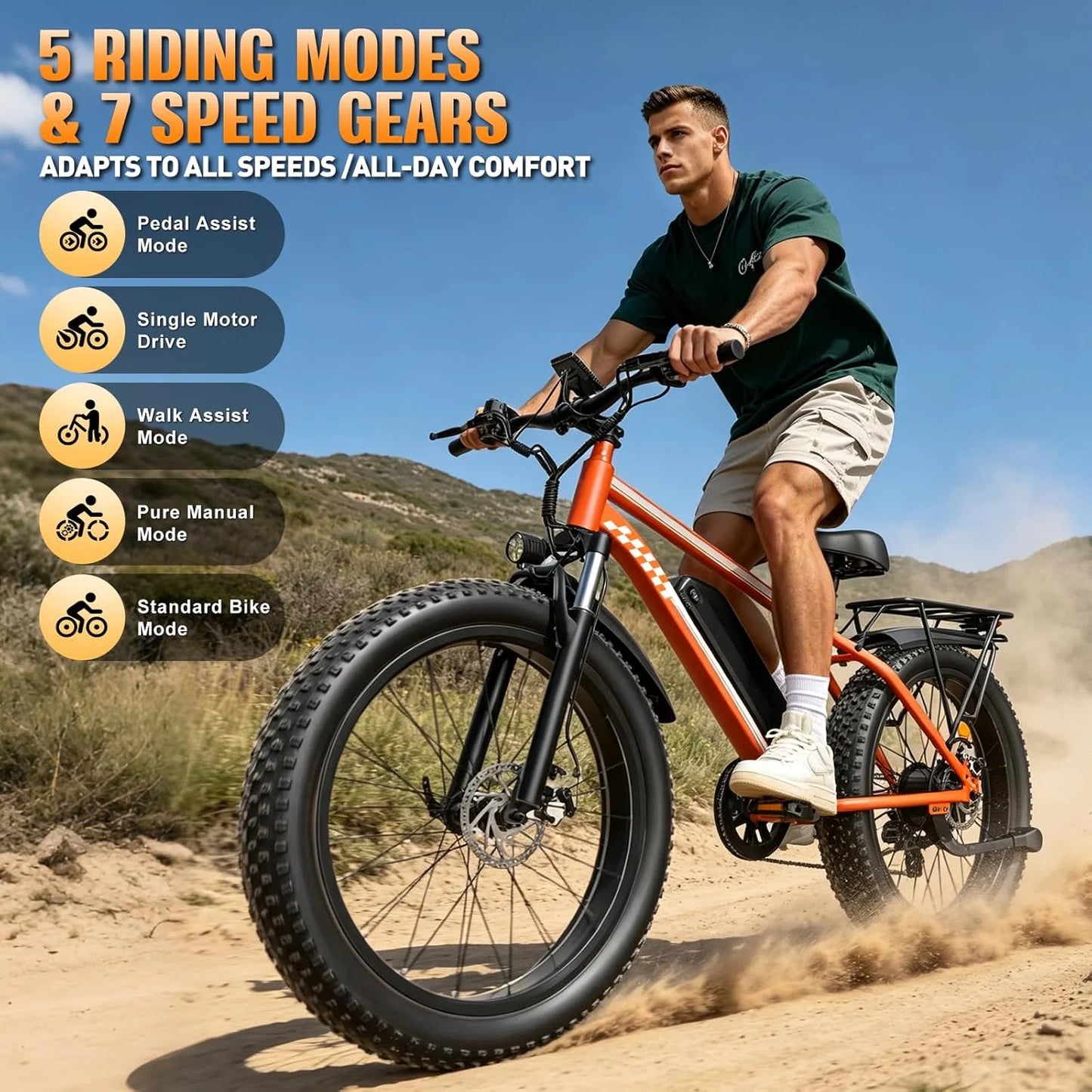 Orange Electric Bike 48V 15AH Battery 1500W Peak Motor 32MPH 26" Fat Tire Adults Mountain Off-Road Dirt Ebike