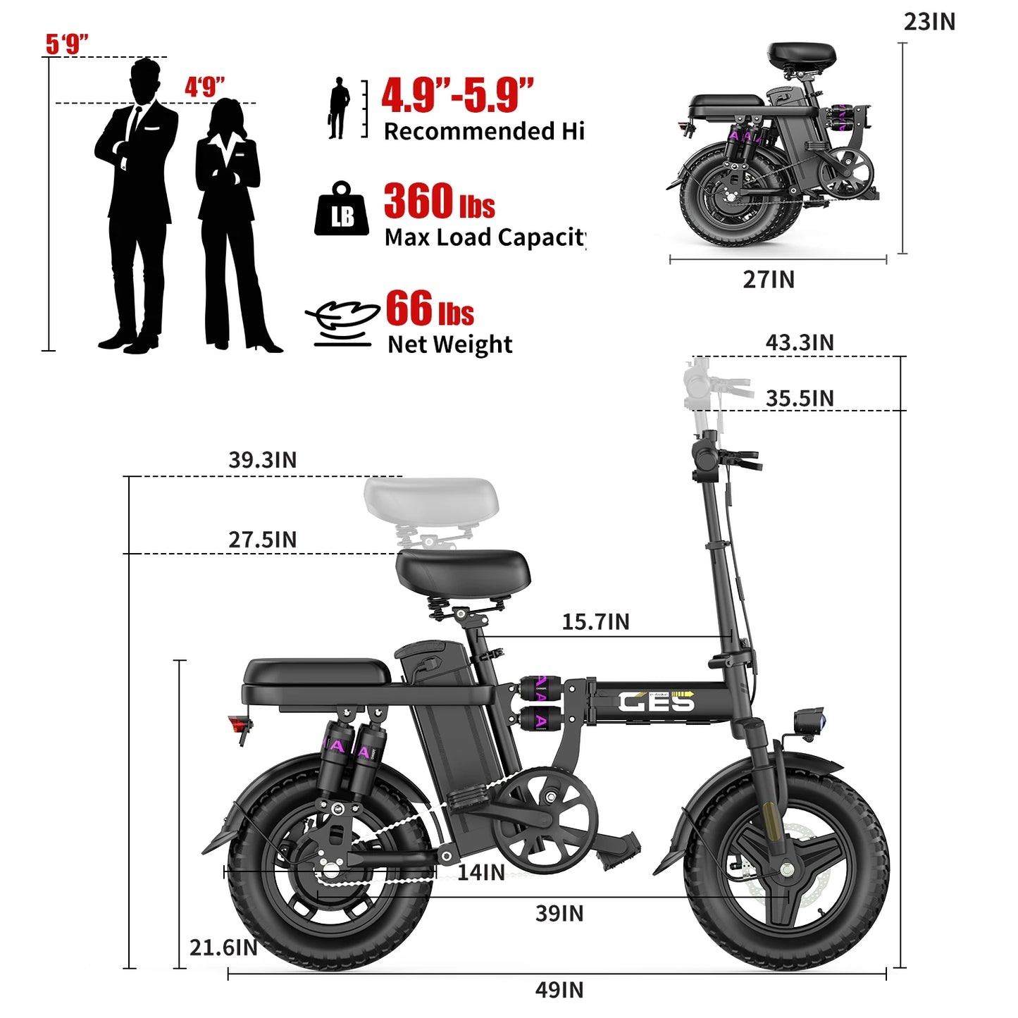 GE5 Adults Electric Bike 500W Peak Motor 48V 15AH Removable Battery Electric Bicycle 14 Inch Folding Urban leisure e bike