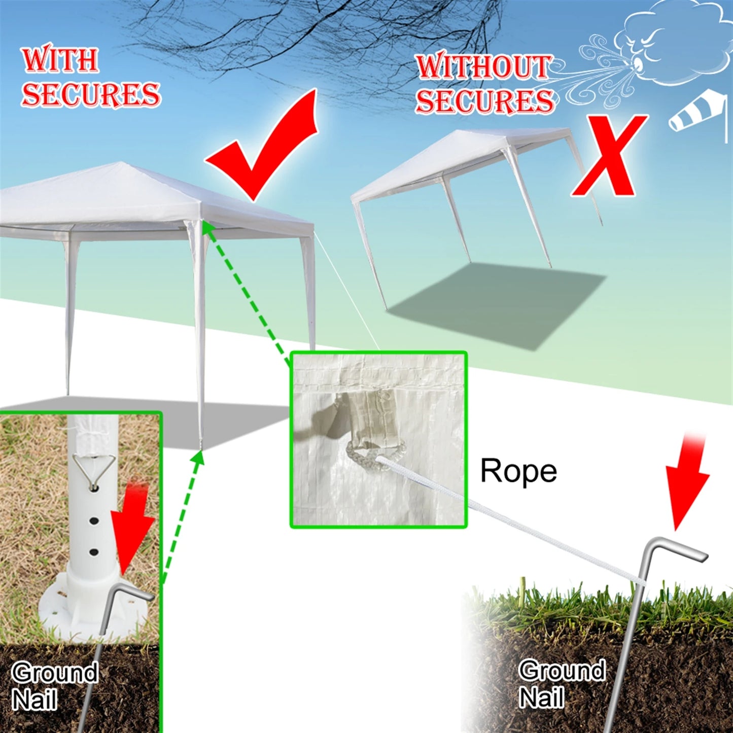 3 x 3 m Waterproof Tent with Spiral Tubes PE Cloth Iron Frame Outdoor Party Wedding Gazebo Heavy Duty Easy Setup White