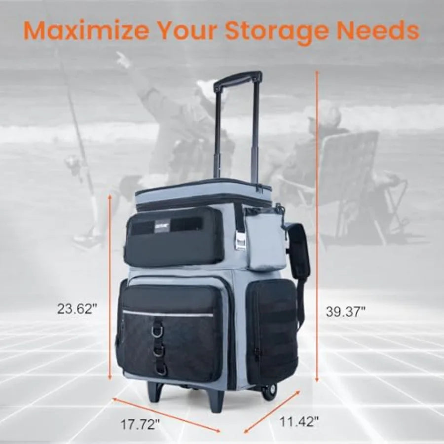 66L Rolling Tackle Box with Cooler, Large Fishing Bag with Wheels for 5 3700 Trays Trays Included,Saltwater Resistant Tackle Ba