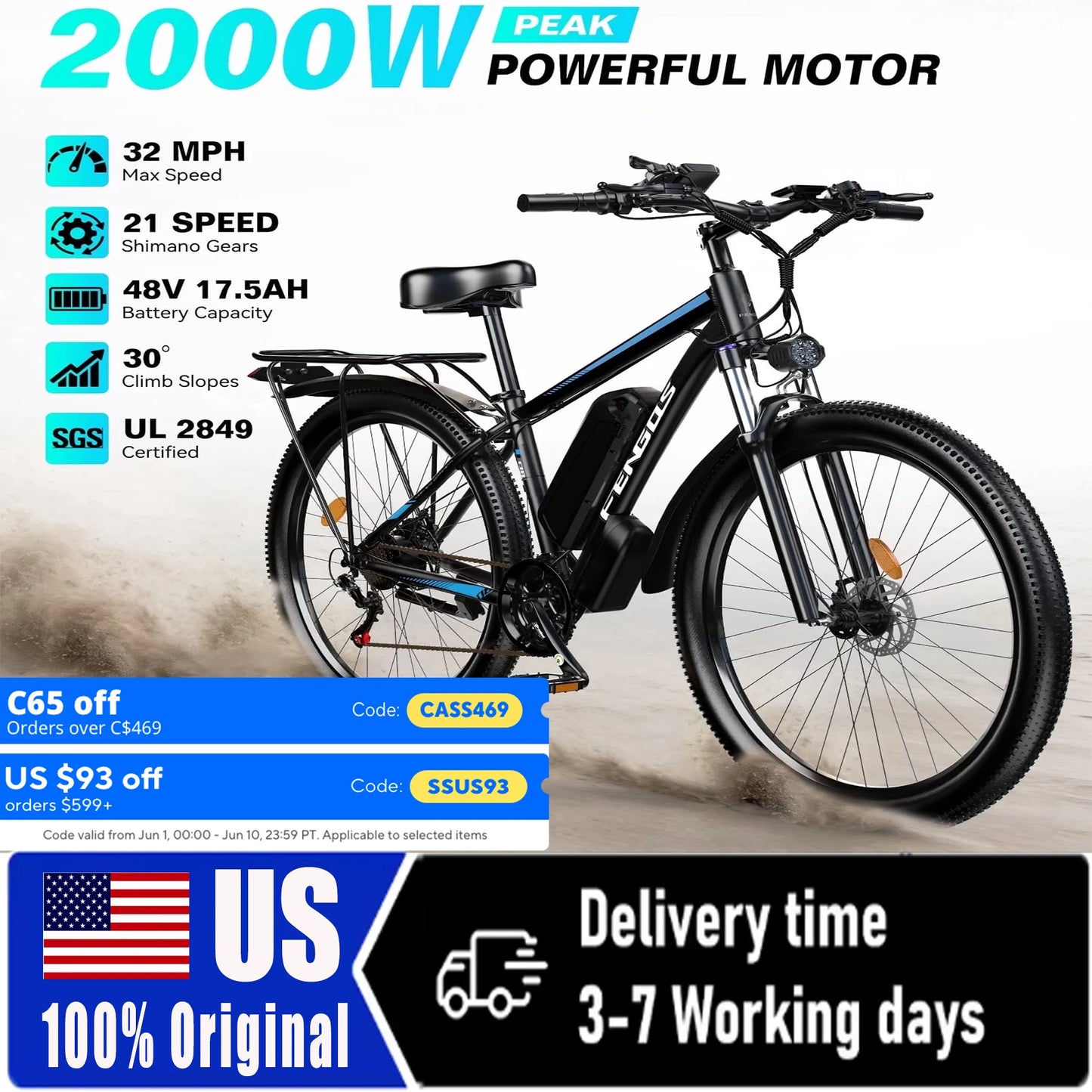 FENGQS Q8 2000W dual motor electric bicycle 48V 840WH 80 mile range 32MPH 27.5-inch all terrain dual disc brake shock absorption