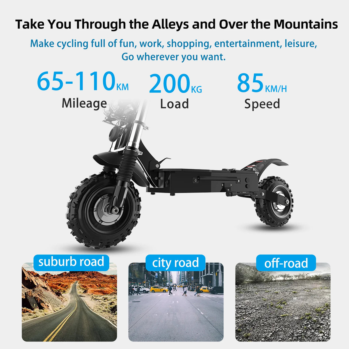 60-85KM/H Fast Electric Scooter for Adults, 1200W-6000W High Power E Scooter Single/Dual Motor, 48V 52V 60V 72V Long Range 40-100KM, 10Ah-30Ah Battery, 11 Inch Off Road Fat Tire All Terrain Electric Scooter with Dual Suspensi