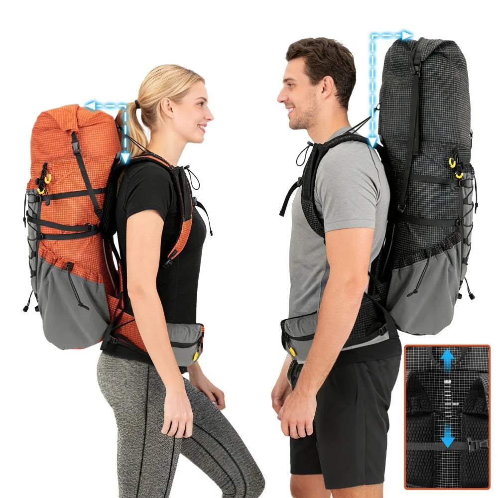 Internal-frame Hiking Backpcack: 50L / 60L / 70L Roll Top Lightweight Travel Backpack with Rain Cover for Men Women Hiking Camping Backpacking