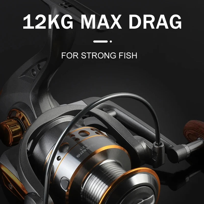 Spinning Reel 12KG Max Drag Professional Fishing Reels 5.2:1 Gear Ratio Fold Rocker Metal Spool 1000/7000 Ideal for Freshwater Saltwater Bass Trout Fishing