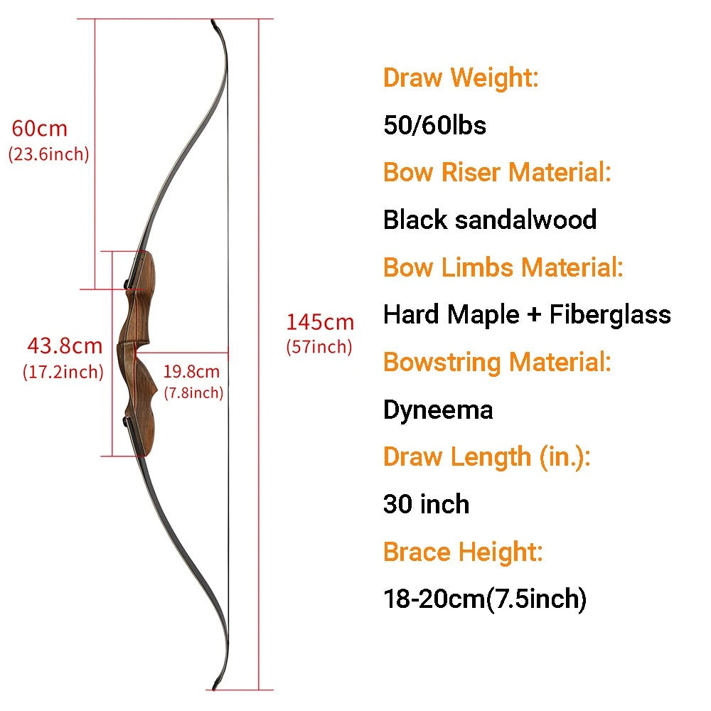 Recurve Split Bow Set  60 Inch Takedown Bow 50/60lbs Right Hand Wood Riser for Adults Hunting Shooting Sports